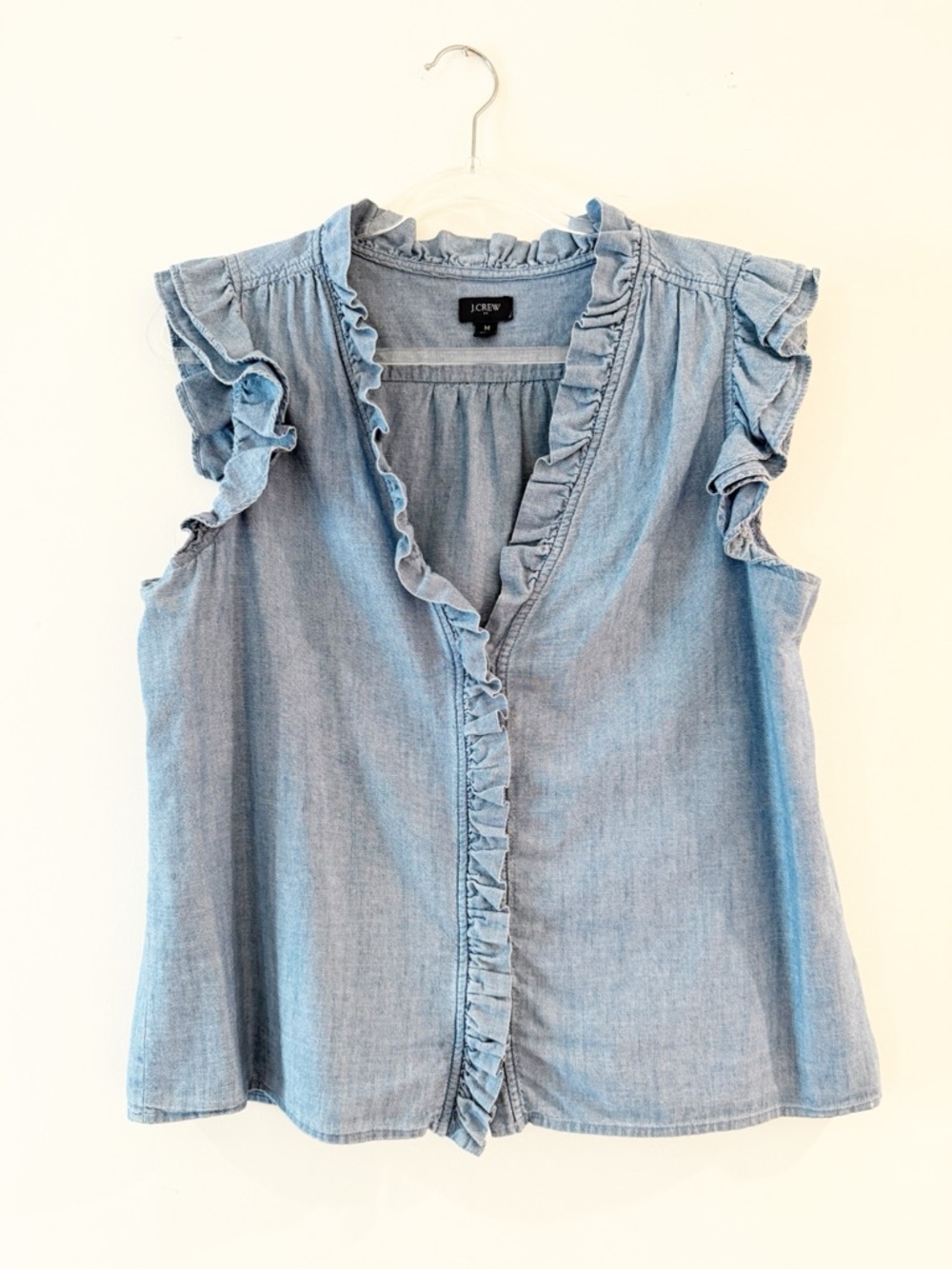 J. Crew Denim Chambray Ruffle Sleeve Top - Picture 2 of 6